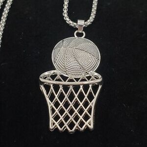 Stainless Steel Textured Basketball Hoop Pendant Necklace 3mm Box Chain Unisex